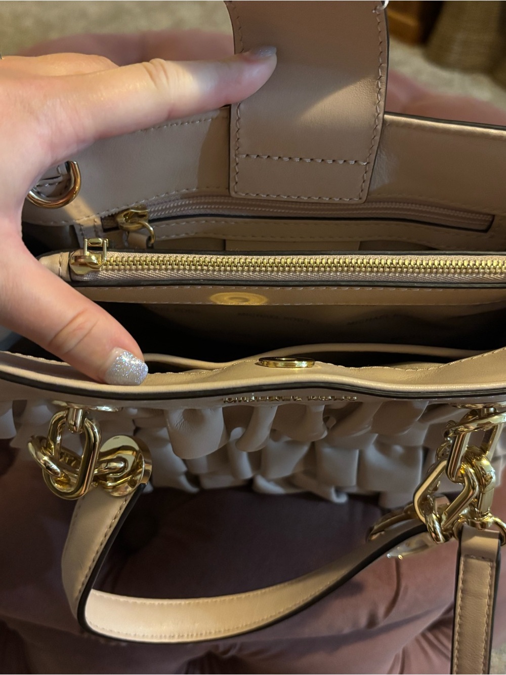Michael Kors Ruffled Leather Satchel in Pale Blush with Gold Hardware - Picture 3 of 3